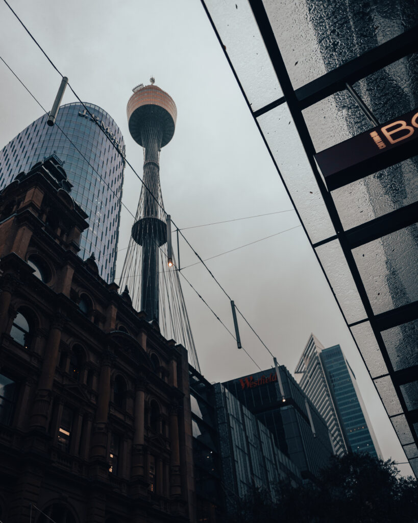 The view of Sydney Tower Eye from Pitt Street Mall